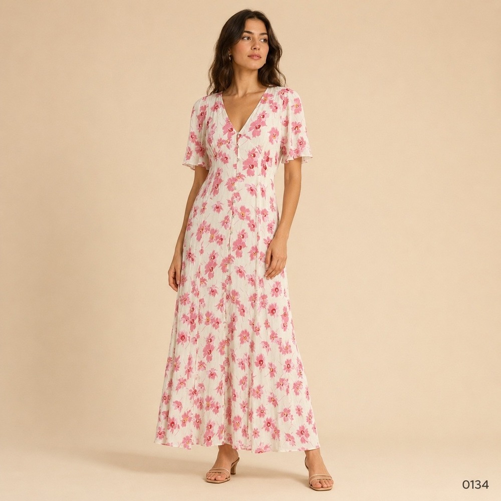 Zara Womens Pink Floral Button Front V-Neck Maxi Dress Short Sleeve Cream Size M